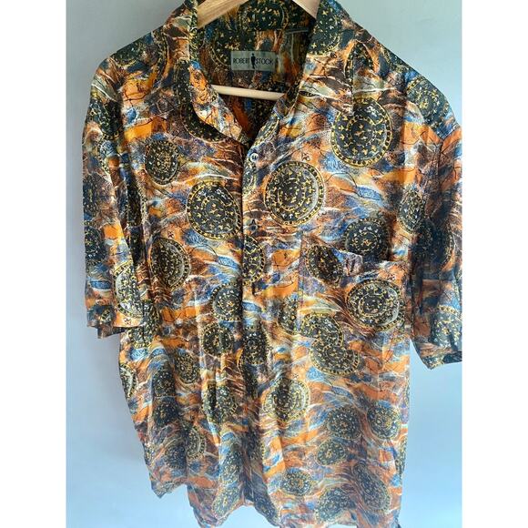 Robert Stock L Button Up Short Sleeve Silk Abstract Medallion Silk - Picture 2 of 13